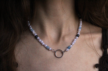 Handmade Aquamarine Circle Charm Beaded Necklace | Waterproof Stainless Steel