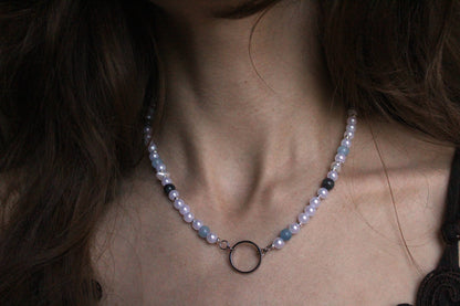 Handmade Aquamarine Circle Charm Beaded Necklace | Waterproof Stainless Steel