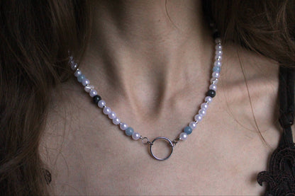 Handmade Aquamarine Circle Charm Beaded Necklace | Waterproof Stainless Steel