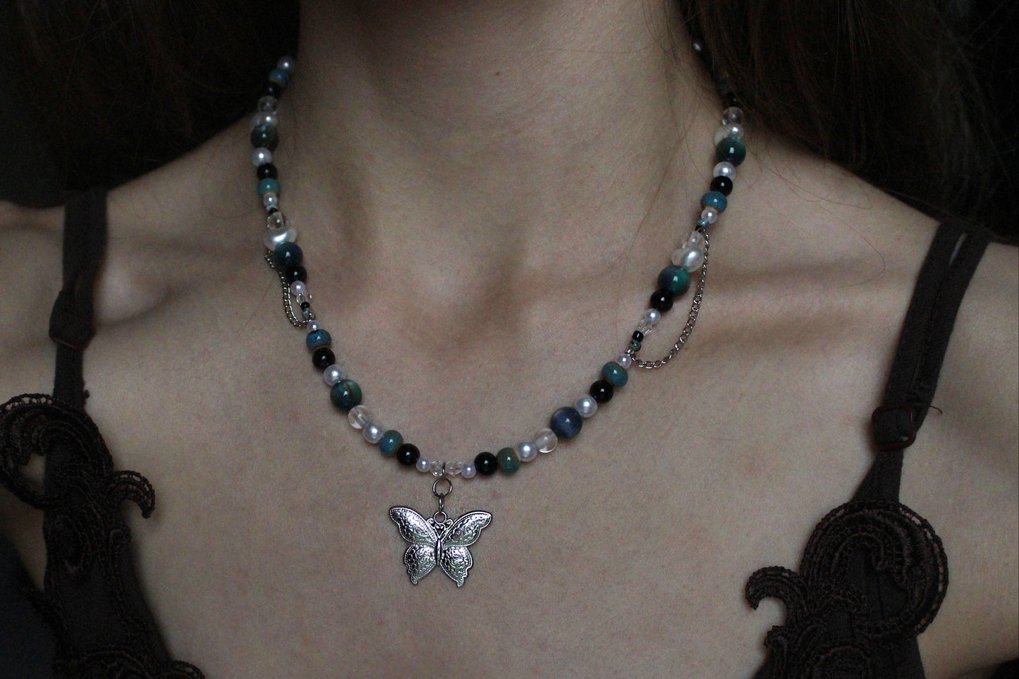 Handmade Teal Nocturne Butterfly Beaded Necklace | Waterproof Stainless Steel
