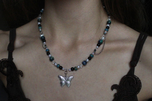 Handmade Teal Nocturne Butterfly Beaded Necklace | Waterproof Stainless Steel