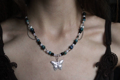 Handmade Teal Nocturne Butterfly Beaded Necklace | Waterproof Stainless Steel