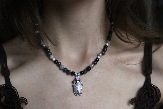 Handmade Stone Cicada Beaded Necklace | Waterproof Stainless Steel