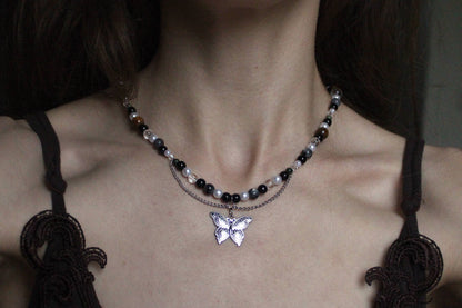 Handmade Moss & Wood Butterfly Beaded Necklace | Waterproof Stainless Steel