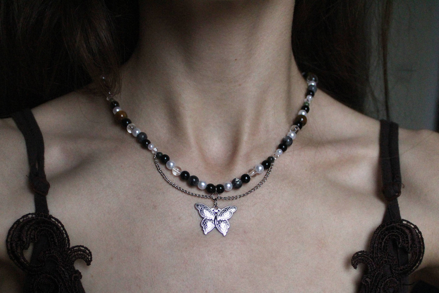 Handmade Moss & Wood Butterfly Beaded Necklace | Waterproof Stainless Steel