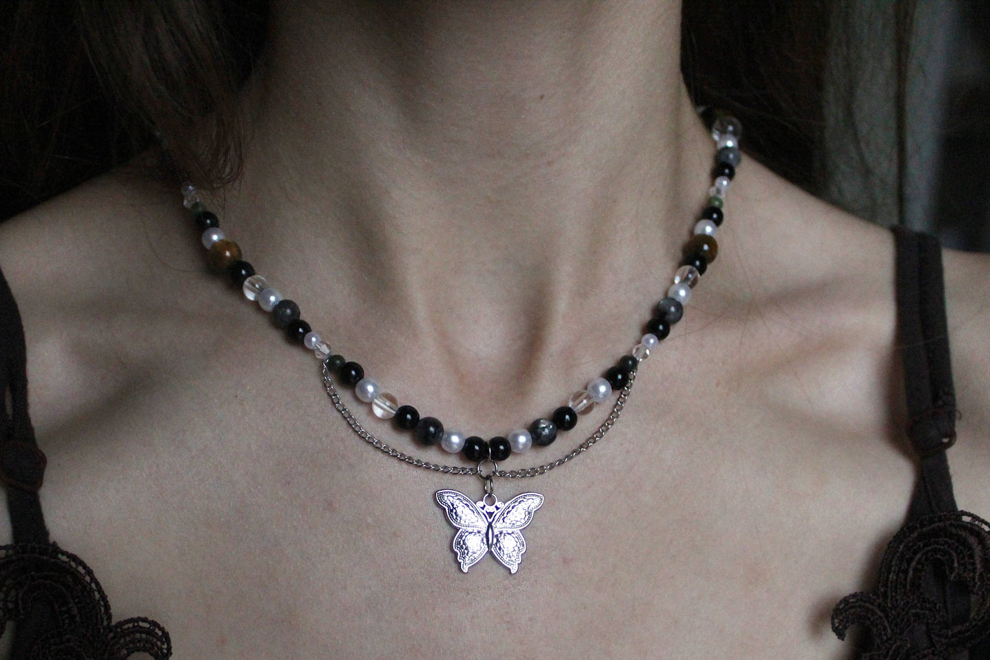 Handmade Moss & Wood Butterfly Beaded Necklace | Waterproof Stainless Steel