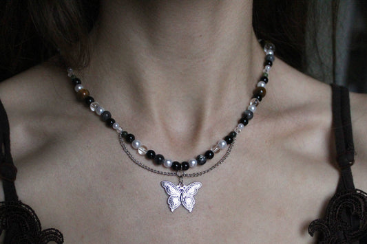 Handmade Moss & Wood Butterfly Beaded Necklace | Waterproof Stainless Steel
