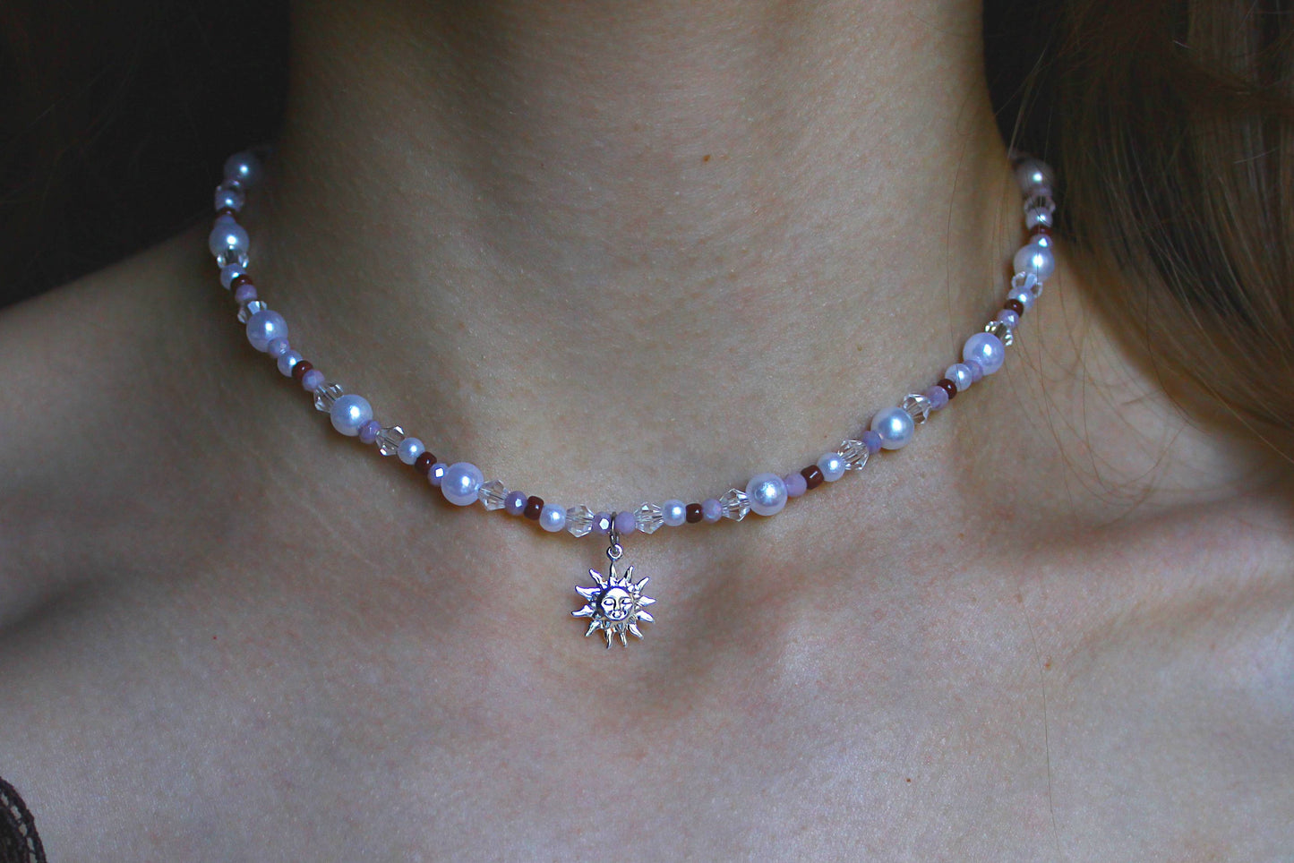 Handmade, Dainty Moonlit Pearl, Sun Charm, Beaded Necklace | Waterproof Stainless Steel