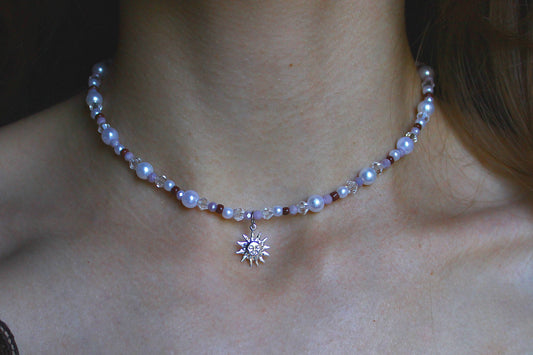 Handmade, Dainty Moonlit Pearl, Sun Charm, Beaded Necklace | Waterproof Stainless Steel