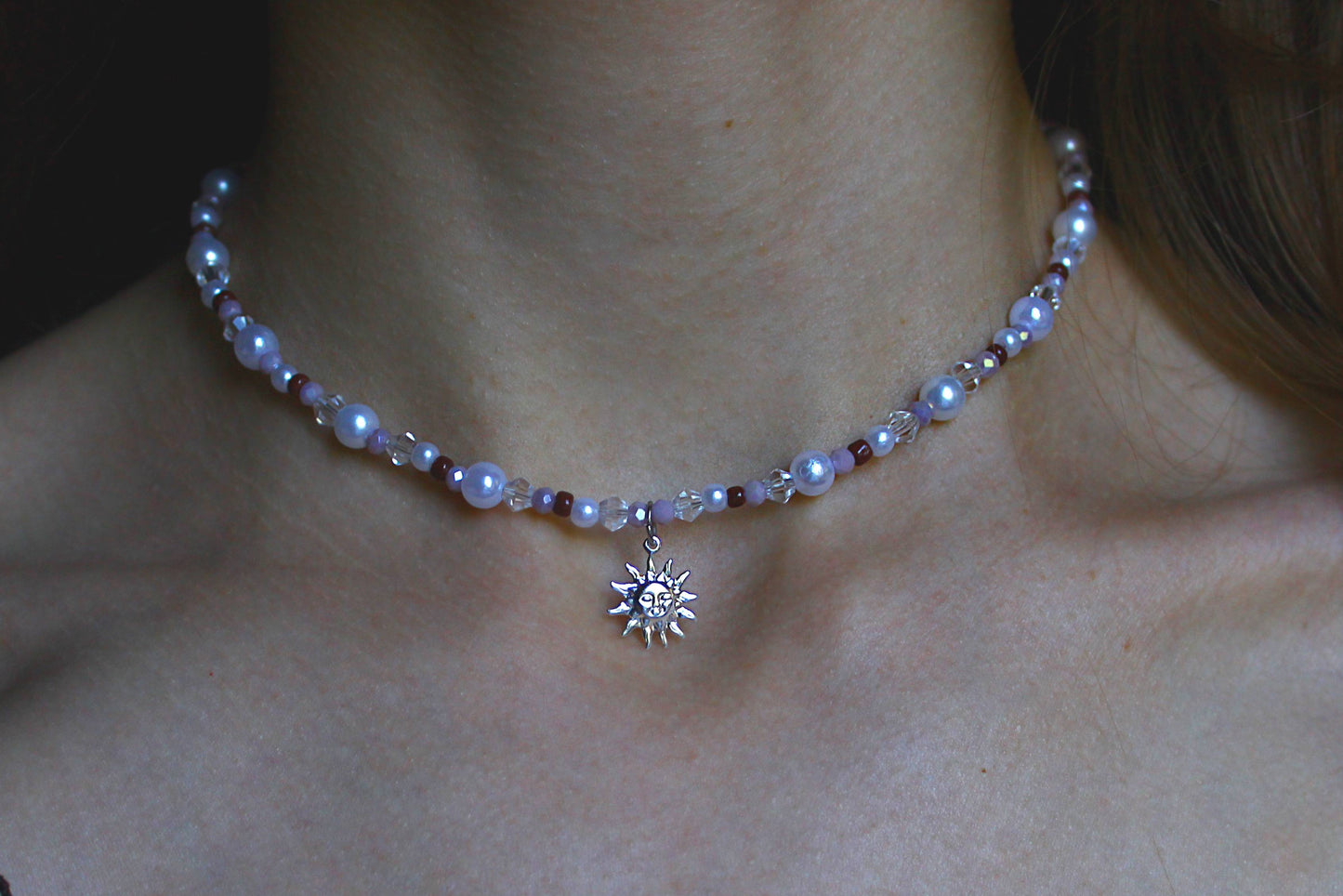 Handmade, Dainty Moonlit Pearl, Sun Charm, Beaded Necklace | Waterproof Stainless Steel