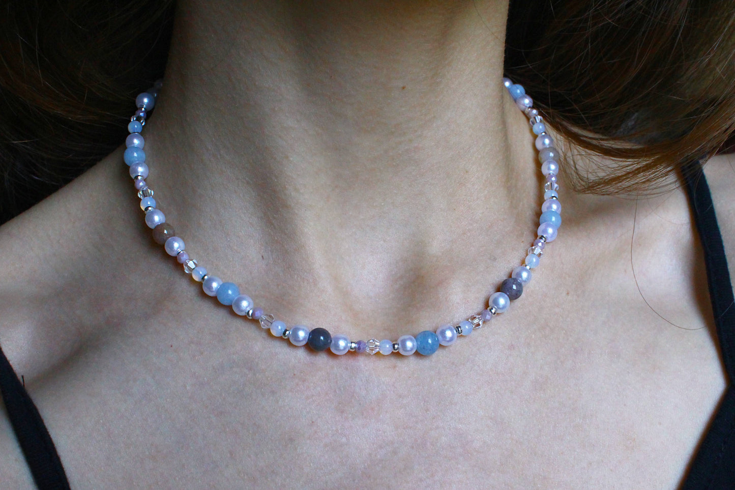 Handmade Aquamarine, Agate & Opalite Beaded Necklace | Waterproof Stainless Steel