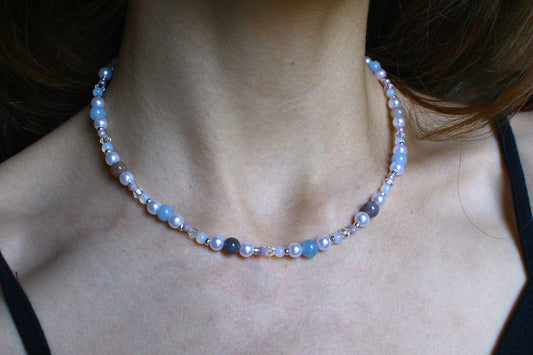 Handmade Aquamarine, Agate & Opalite Beaded Necklace | Waterproof Stainless Steel