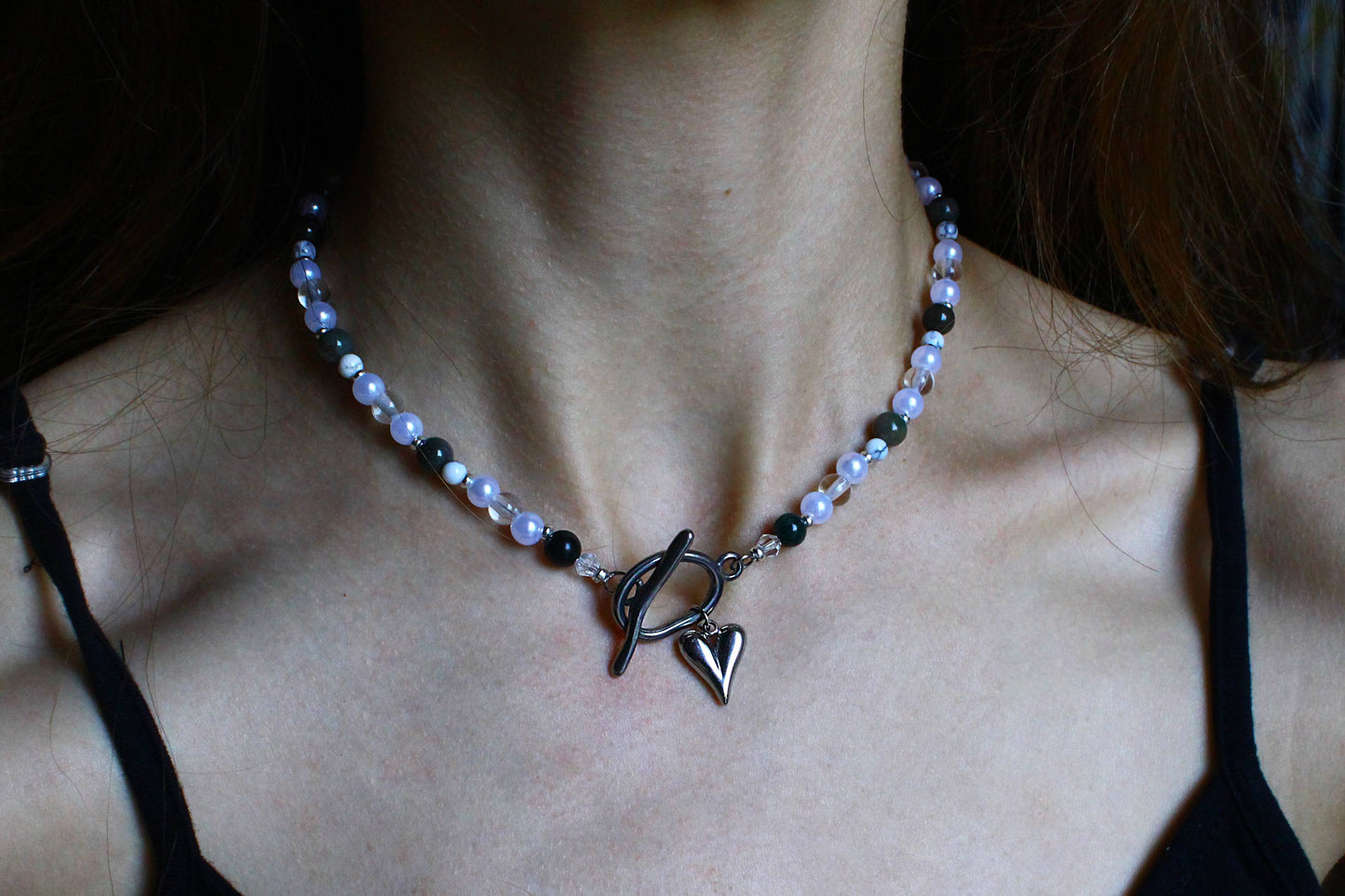 Handmade Moonlit Meadow Heart Toggle Beaded Necklace | Waterproof Stainless Steel