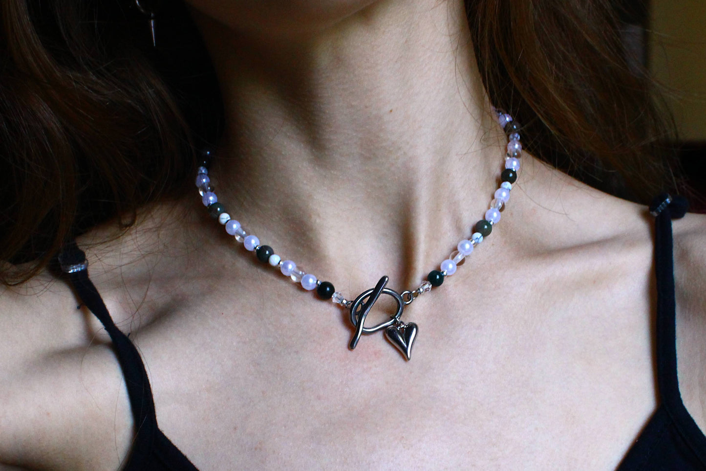Handmade Moonlit Meadow Heart Toggle Beaded Necklace | Waterproof Stainless Steel