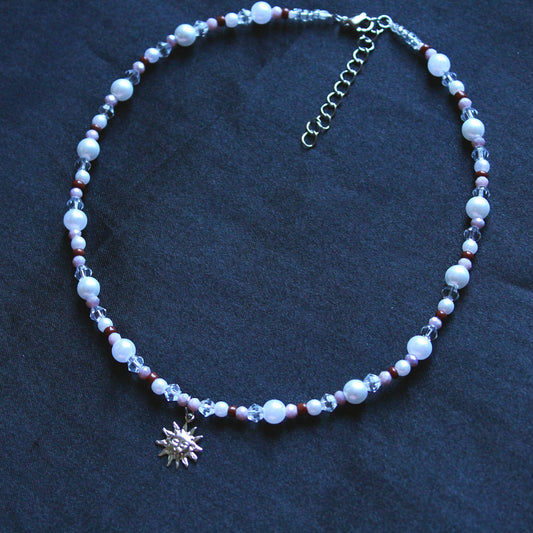 Handmade, Dainty Moonlit Pearl, Sun Charm, Beaded Necklace | Waterproof Stainless Steel