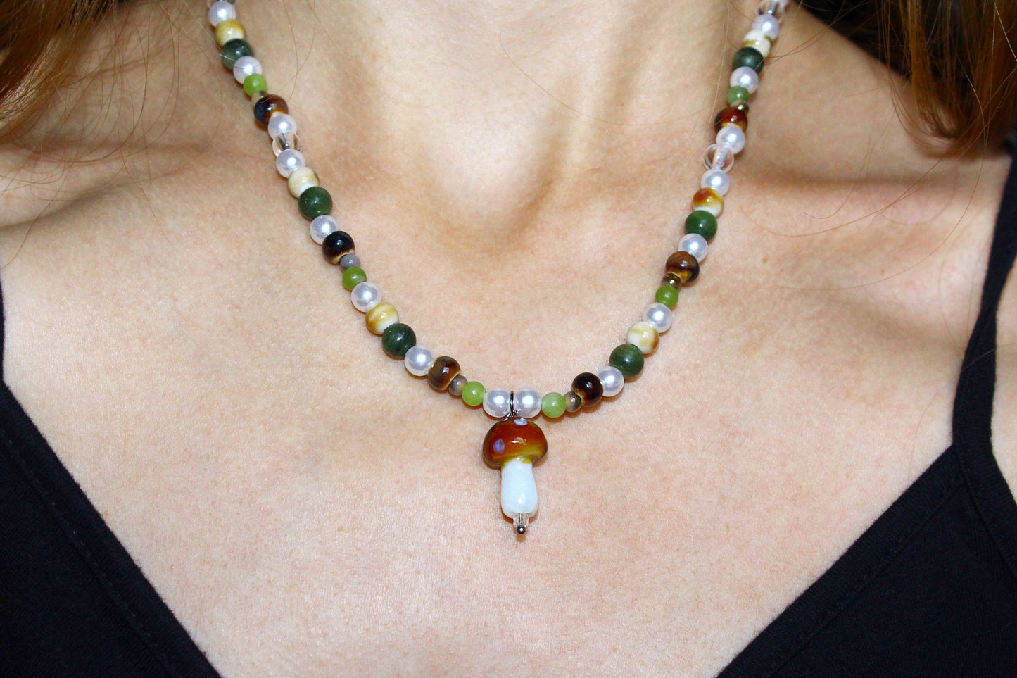 Handmade Forest Witch Mushroom Charm Beaded Necklace | Waterproof Stainless Steel