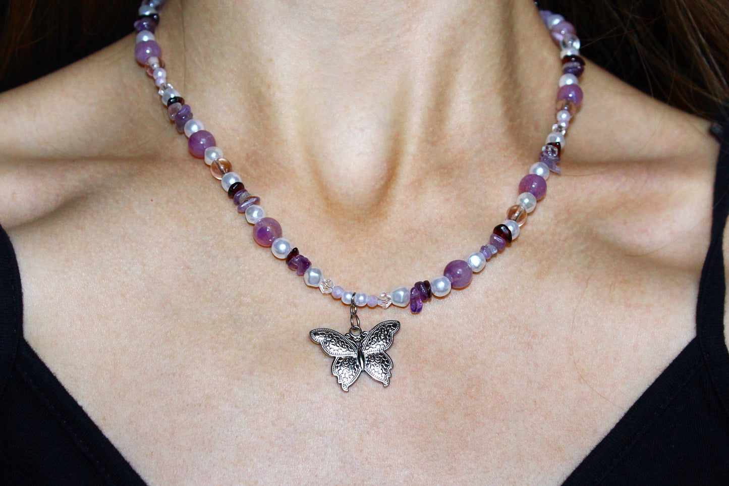 Handmade Amethyst Wings Butterfly Beaded Necklace | Waterproof Stainless Steel