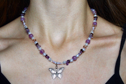 Handmade Amethyst Wings Butterfly Beaded Necklace | Waterproof Stainless Steel