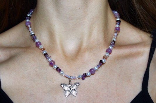 Handmade Amethyst Wings Butterfly Beaded Necklace | Waterproof Stainless Steel