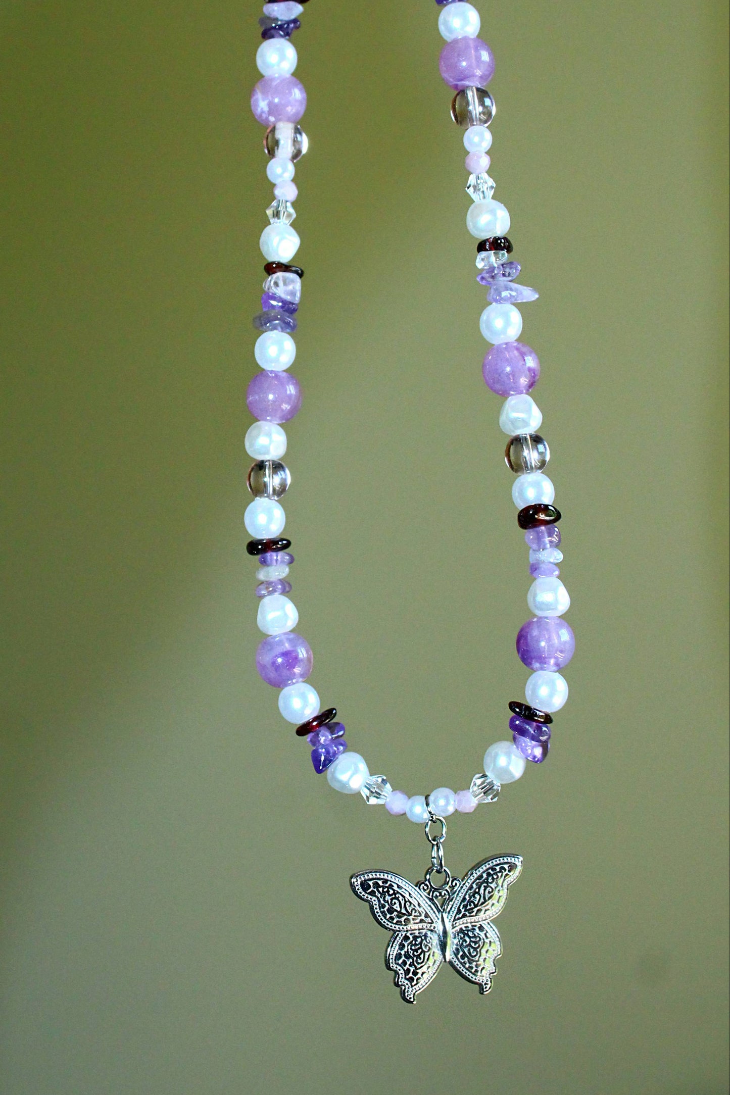 Handmade Amethyst Wings Butterfly Beaded Necklace | Waterproof Stainless Steel
