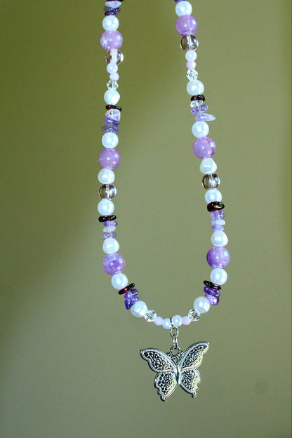 Handmade Amethyst Wings Butterfly Beaded Necklace | Waterproof Stainless Steel