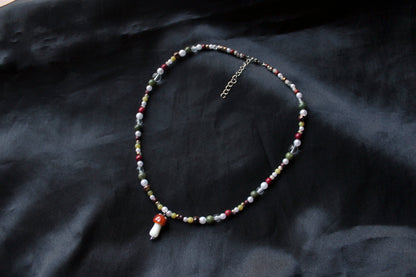 Handmade Forest Treasure Mushroom Charm Beaded Necklace | Waterproof Stainless Steel