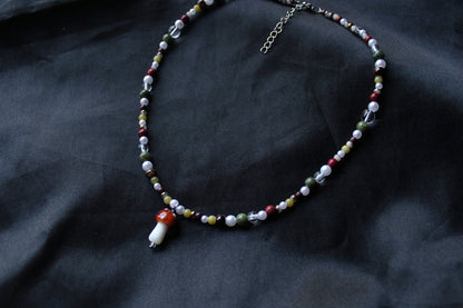 Handmade Forest Treasure Mushroom Charm Beaded Necklace | Waterproof Stainless Steel