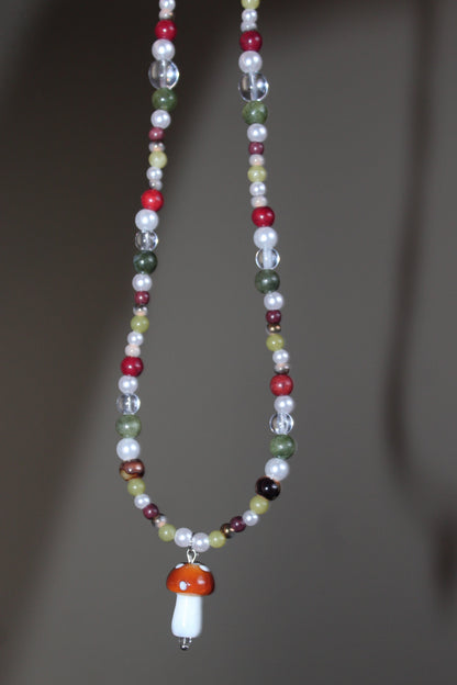 Handmade Forest Treasure Mushroom Charm Beaded Necklace | Waterproof Stainless Steel