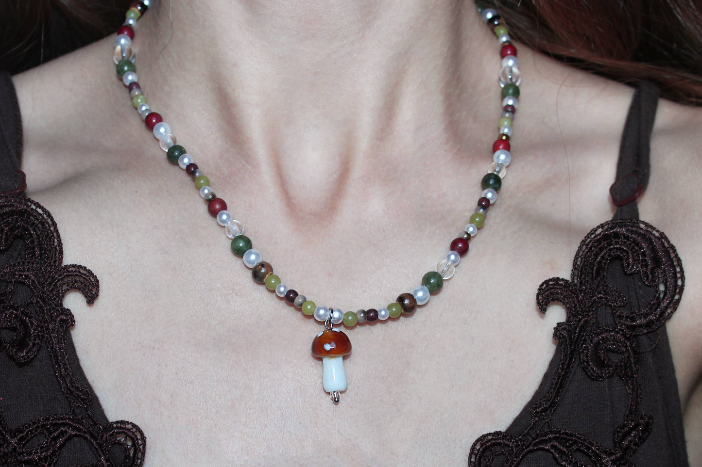 Handmade Forest Treasure Mushroom Charm Beaded Necklace | Waterproof Stainless Steel