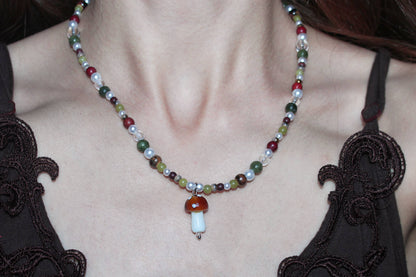 Handmade Forest Treasure Mushroom Charm Beaded Necklace | Waterproof Stainless Steel