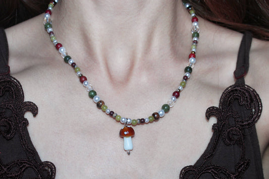 Handmade Forest Treasure Mushroom Charm Beaded Necklace | Waterproof Stainless Steel