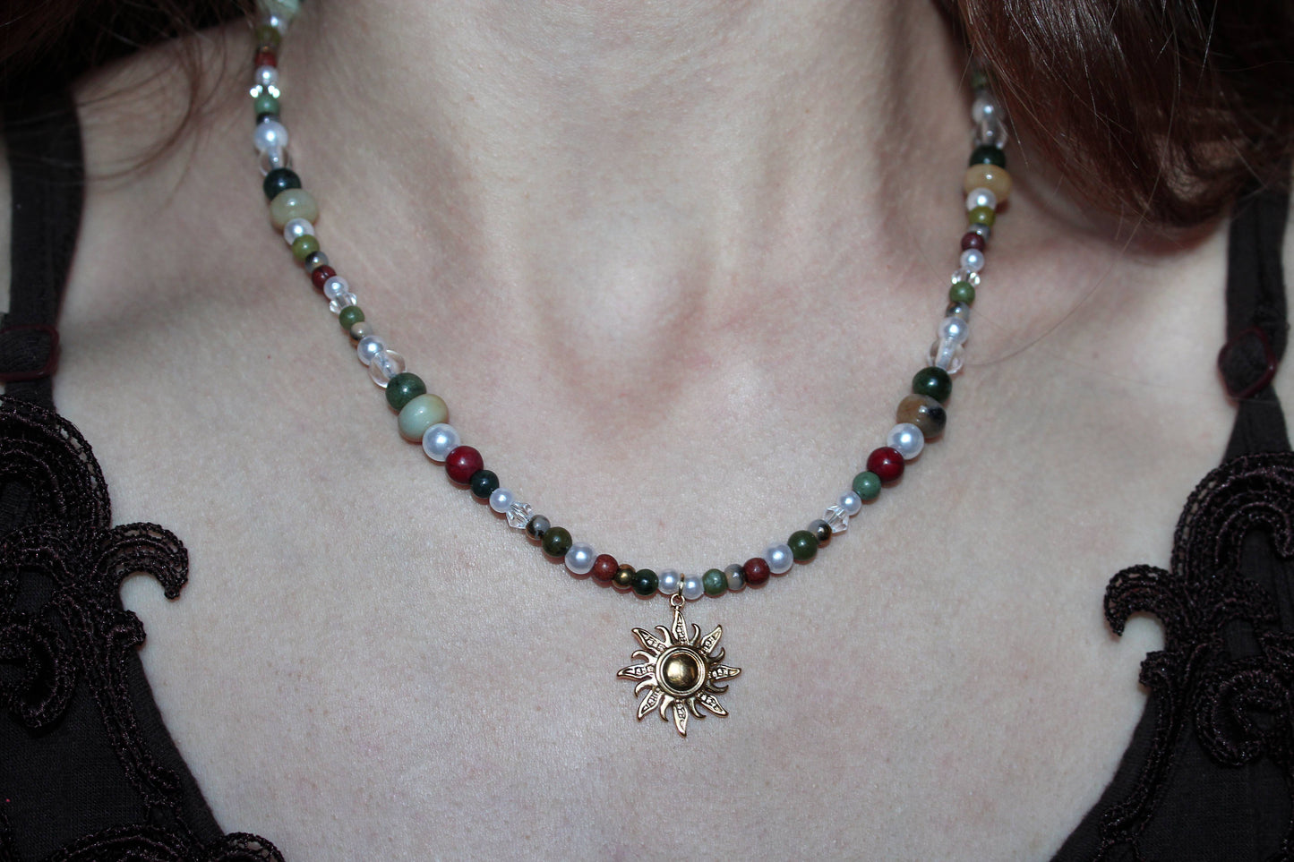 Handmade Woodland Sprite, Sun Charm Beaded Necklace | Waterproof Stainless Steel