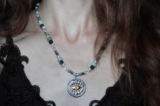Handmade Pirate's Eye, Amazonite & Agate, Coin Charm, Beaded Necklace | Waterproof Stainless Steel