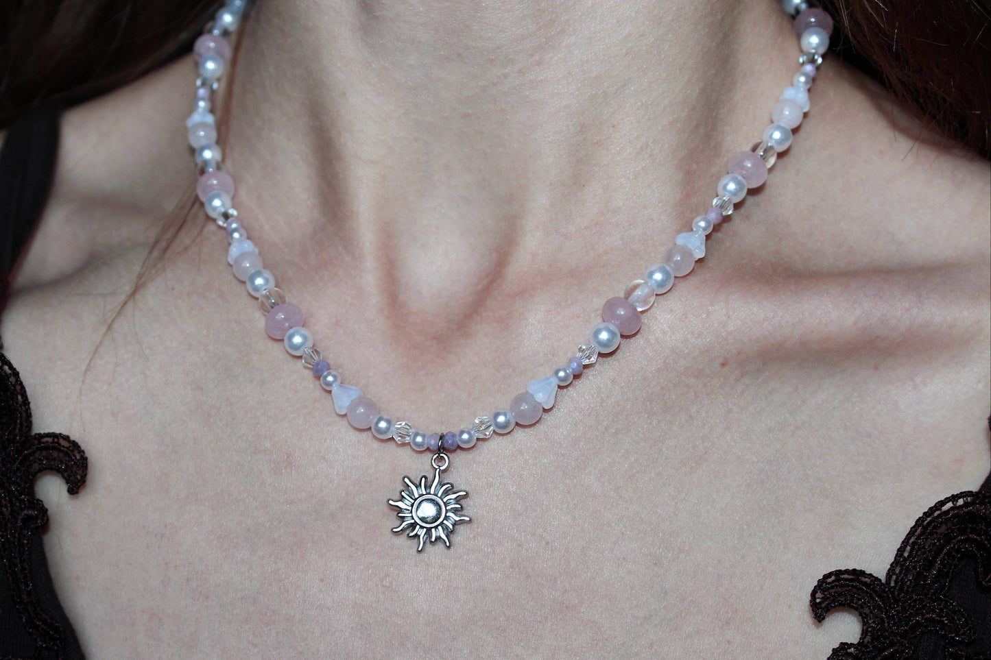 Handmade Fairy Blush, Rose Quartz, Sun Charm, Beaded Necklace | Waterproof Stainless Steel