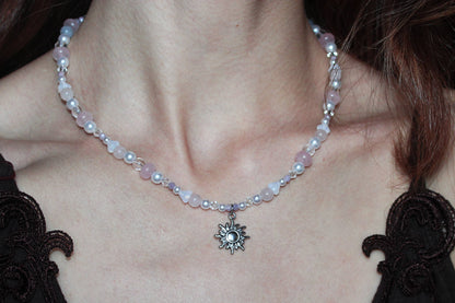 Handmade Fairy Blush, Rose Quartz, Sun Charm, Beaded Necklace | Waterproof Stainless Steel