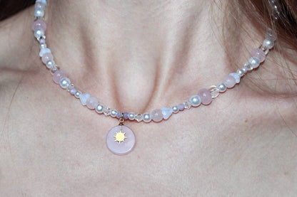 Handmade Rose Quartz Sunbeam Stone Charm Beaded Necklace | Waterproof Stainless Steel