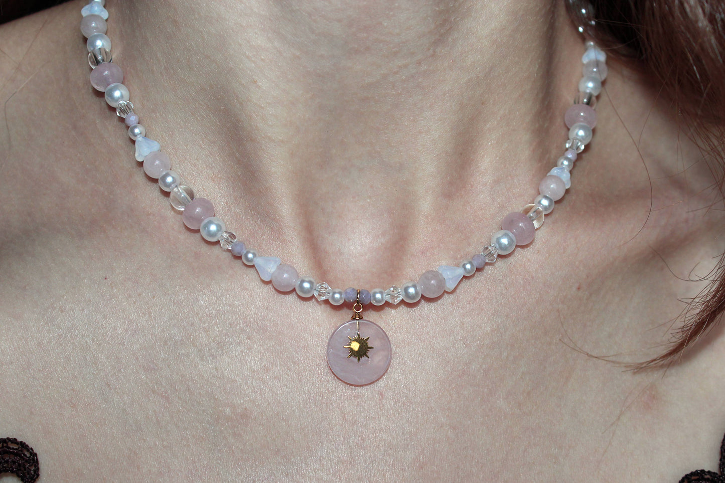 Handmade Rose Quartz Sunbeam Stone Charm Beaded Necklace | Waterproof Stainless Steel