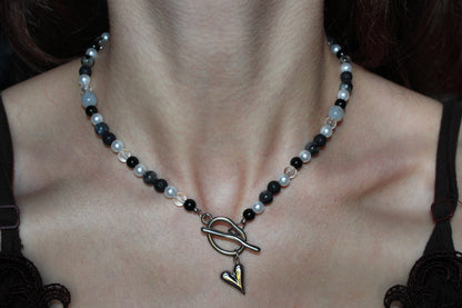 Handmade Wandering Witch, Lava & Labradorite, Heart Toggle Beaded Necklace | Waterproof Stainless Steel