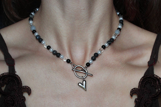 Handmade Wandering Witch, Lava & Labradorite, Heart Toggle Beaded Necklace | Waterproof Stainless Steel