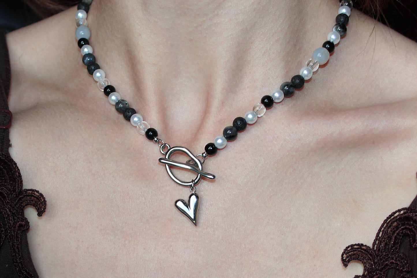 Handmade Wandering Witch, Lava & Labradorite, Heart Toggle Beaded Necklace | Waterproof Stainless Steel