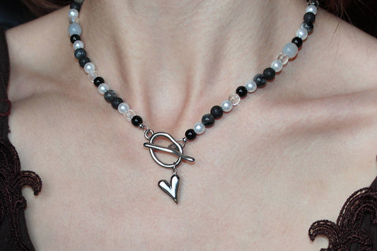 Handmade Wandering Witch, Lava & Labradorite, Heart Toggle Beaded Necklace | Waterproof Stainless Steel