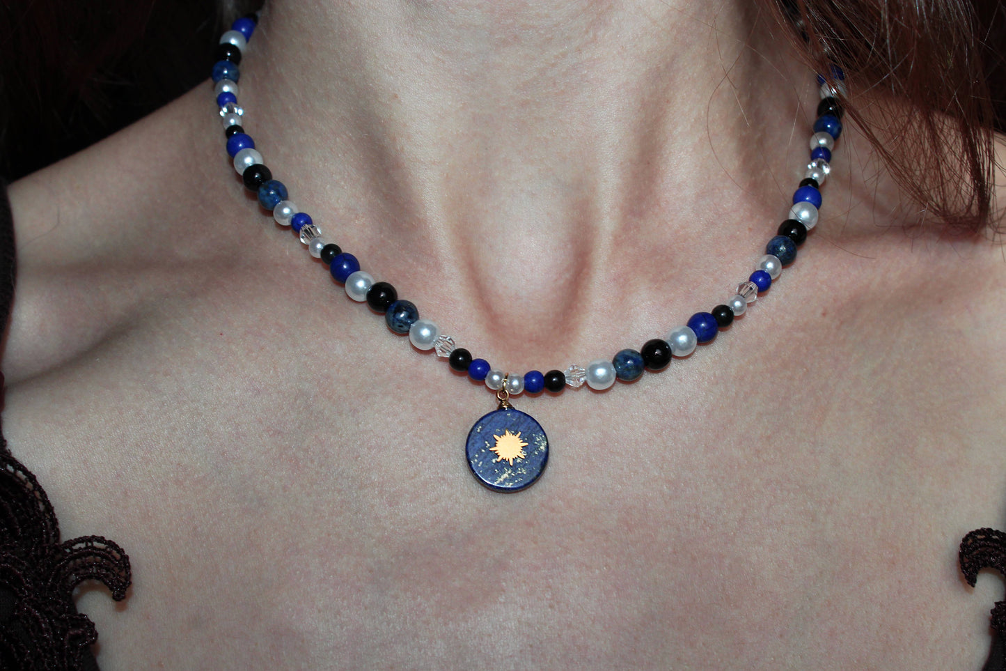 Handmade Blue Hour, Lapis Lazuli, Sun Charm, Beaded Necklace | Waterproof Stainless Steel