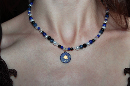 Handmade Blue Hour, Lapis Lazuli, Sun Charm, Beaded Necklace | Waterproof Stainless Steel