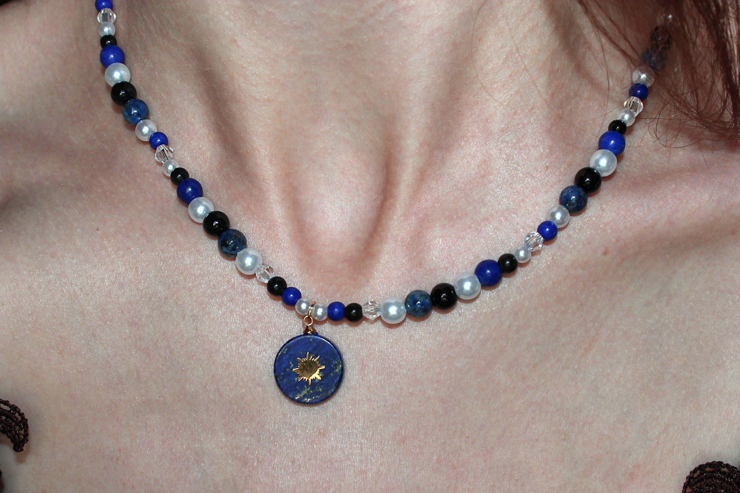Handmade Blue Hour, Lapis Lazuli, Sun Charm, Beaded Necklace | Waterproof Stainless Steel
