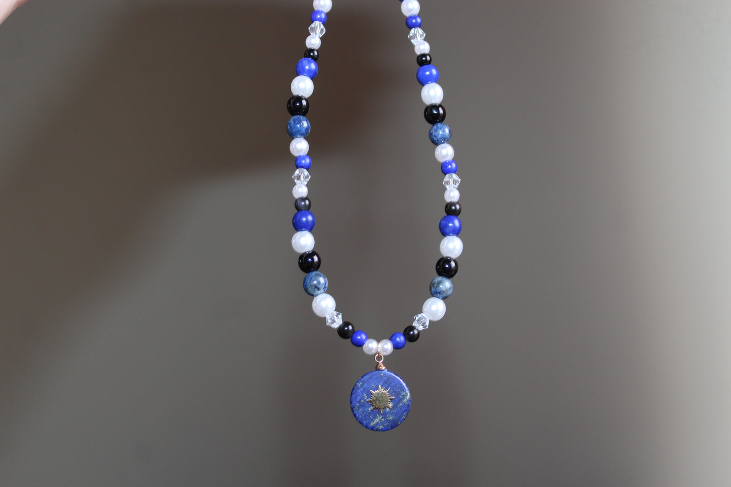 Handmade Blue Hour, Lapis Lazuli, Sun Charm, Beaded Necklace | Waterproof Stainless Steel