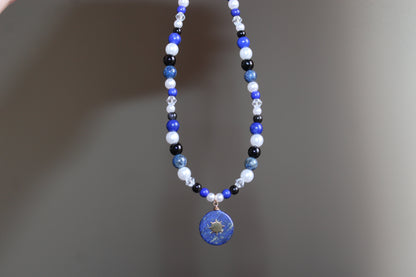 Handmade Blue Hour, Lapis Lazuli, Sun Charm, Beaded Necklace | Waterproof Stainless Steel
