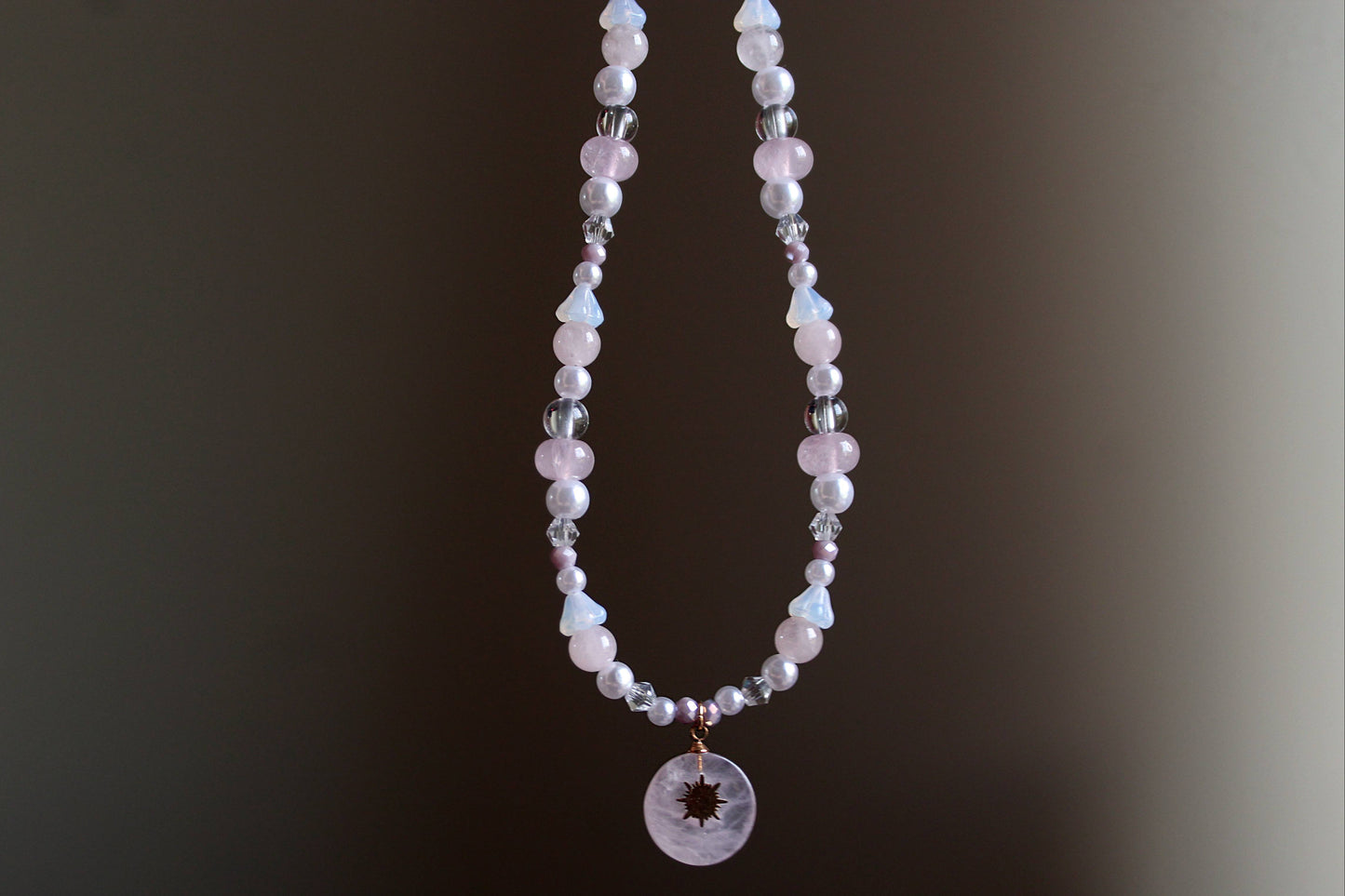 Handmade Rose Quartz Sunbeam Stone Charm Beaded Necklace | Waterproof Stainless Steel