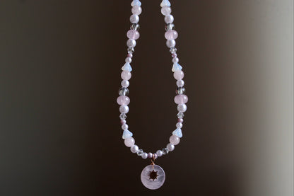 Handmade Rose Quartz Sunbeam Stone Charm Beaded Necklace | Waterproof Stainless Steel