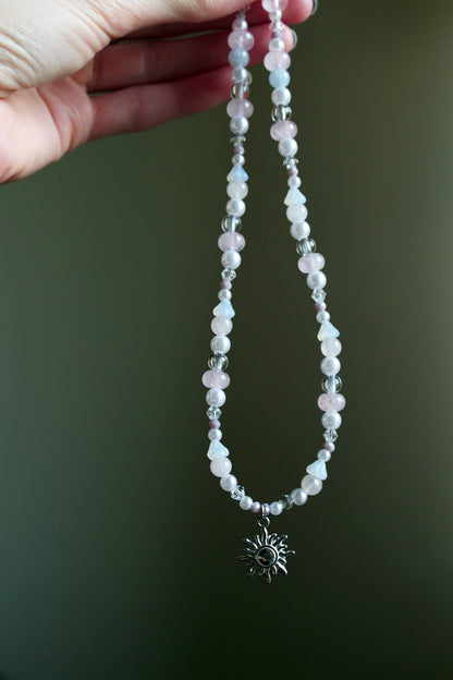 Handmade Fairy Blush, Rose Quartz, Sun Charm, Beaded Necklace | Waterproof Stainless Steel