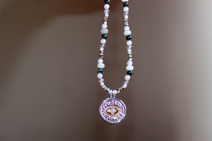Handmade Pirate's Eye, Amazonite & Agate, Coin Charm, Beaded Necklace | Waterproof Stainless Steel